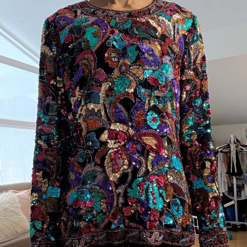 Vintage Oleg Cassini Black Tie Colorful Sequined Black Silk Top